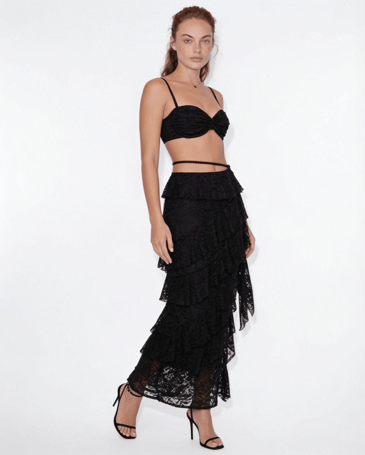 Lace Bralette Ruffle Maxi Skirt Set