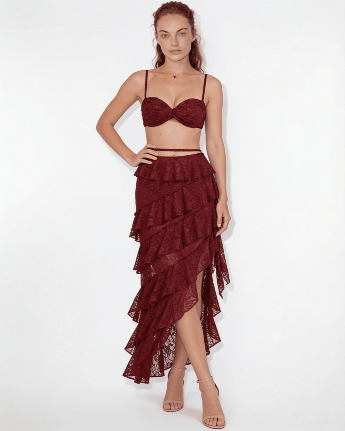 Lace Bralette Ruffle Maxi Skirt Set