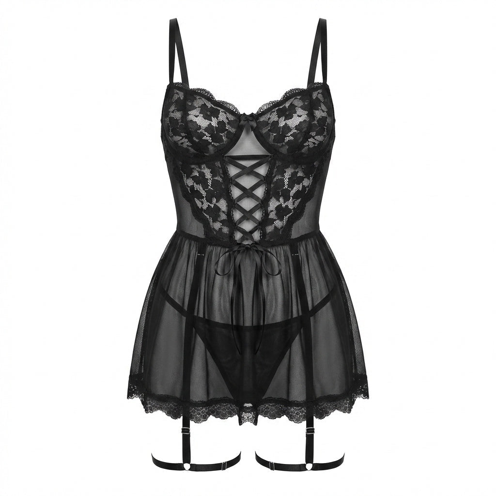 Lace Corset Babydoll With Garter Straps