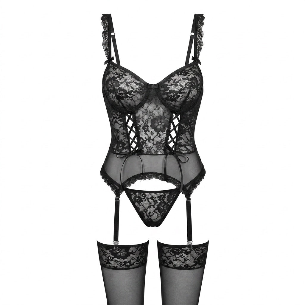Lace Corset Lingerie Set With Garter Belt and Stockings