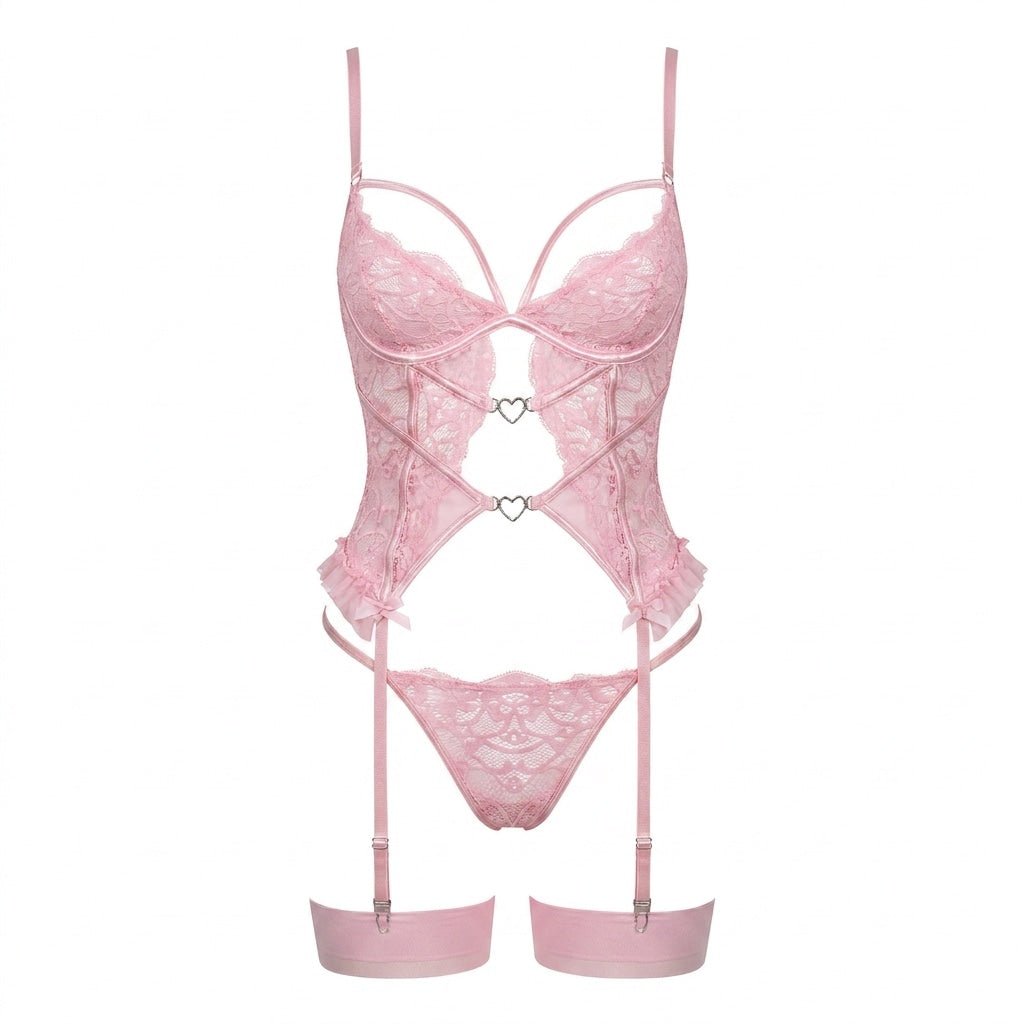Lace Corset Three Piece Set With Stockings