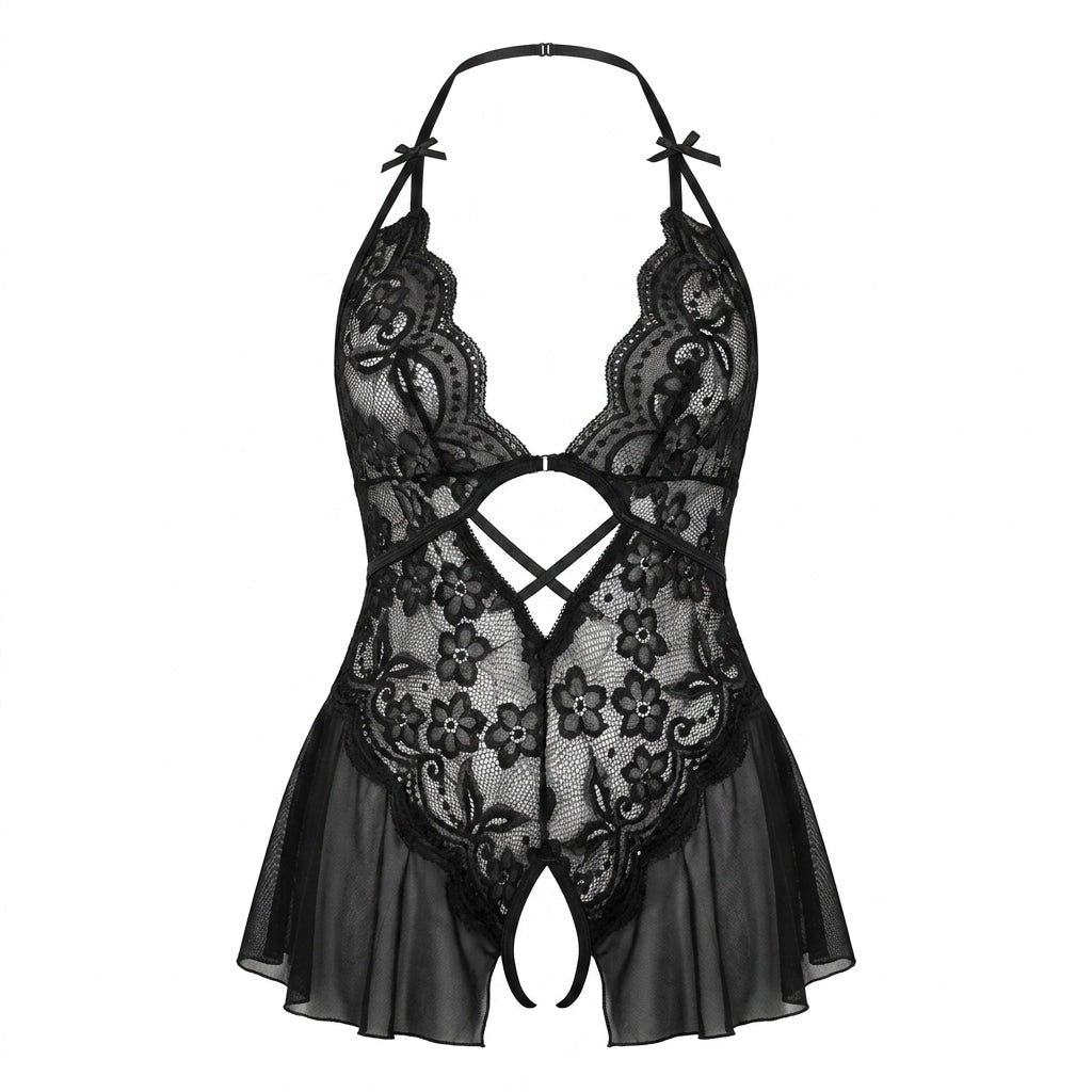 Lace Crotchless Halter Teddy With Pleated Skirt