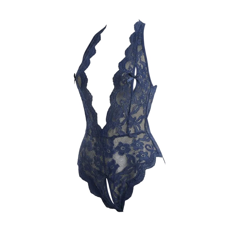 Lace Halter Crotchless Teddy With Open Back