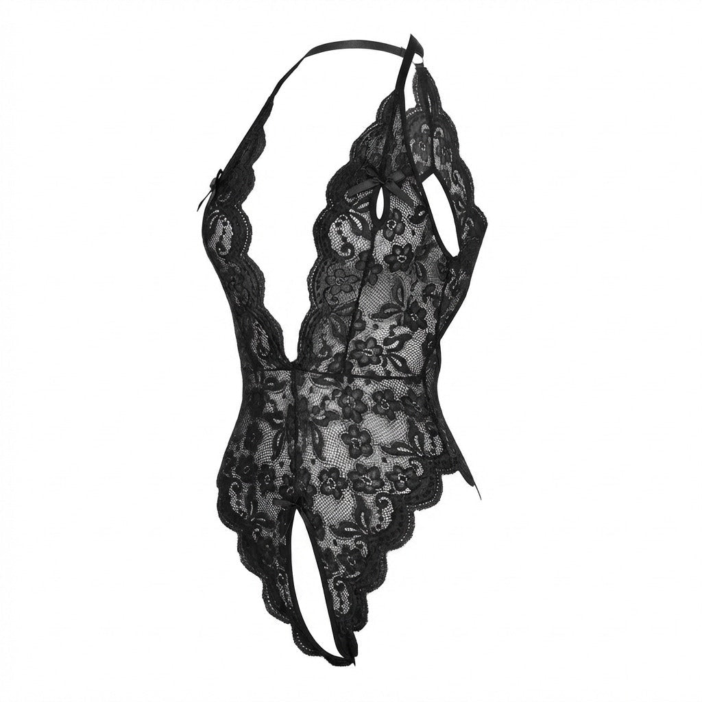 Lace Halter Crotchless Teddy With Open Back