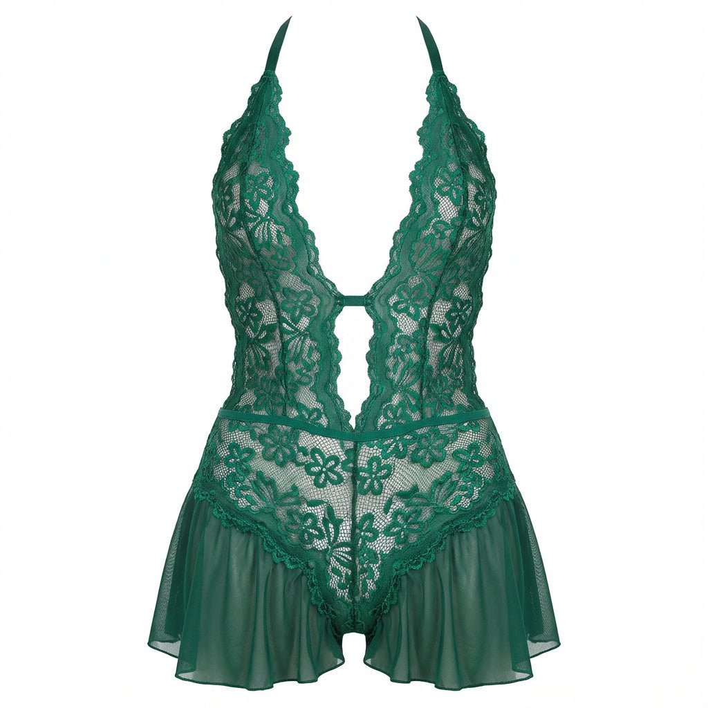 Lace Halter Teddy With Ruffle Skirt