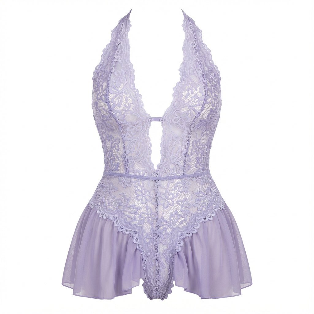 Lace Halter Teddy With Ruffle Skirt