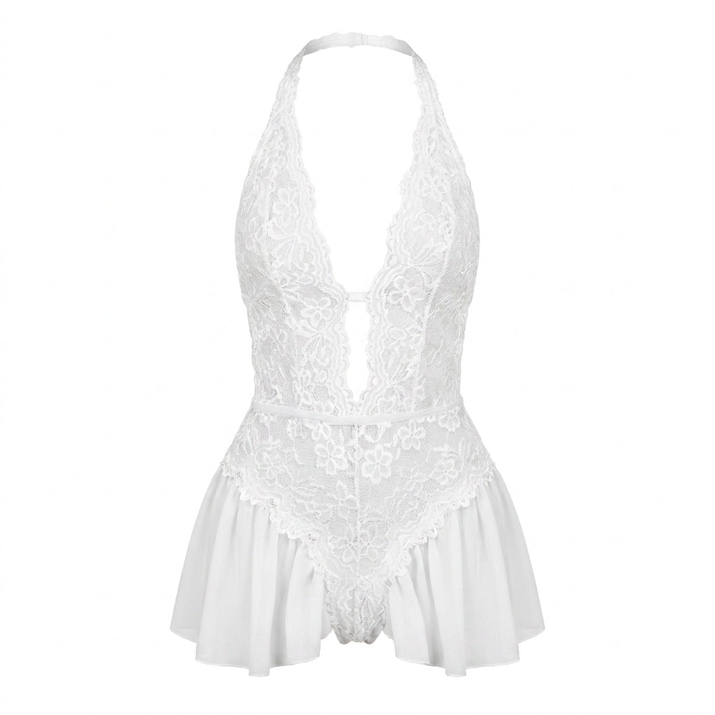 Lace Halter Teddy With Ruffle Skirt