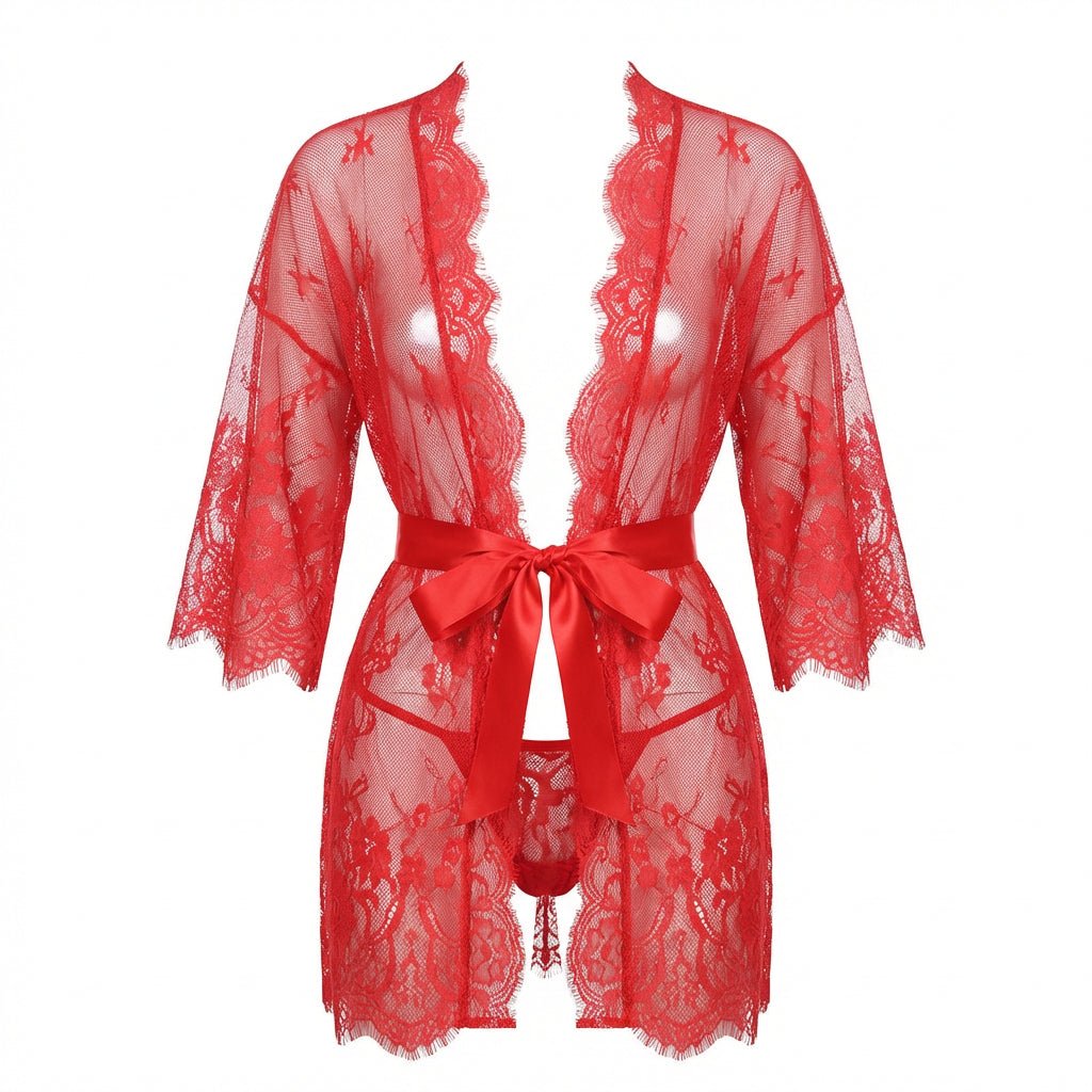 Lace Robe With Satin Belt And G-String