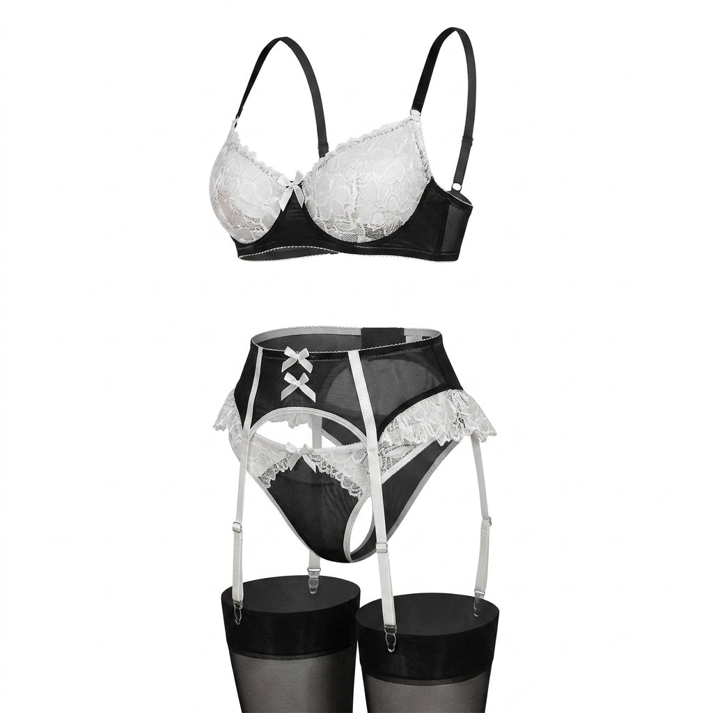 Lace Trim Balconette Bra 4 Piece Lingerie Set