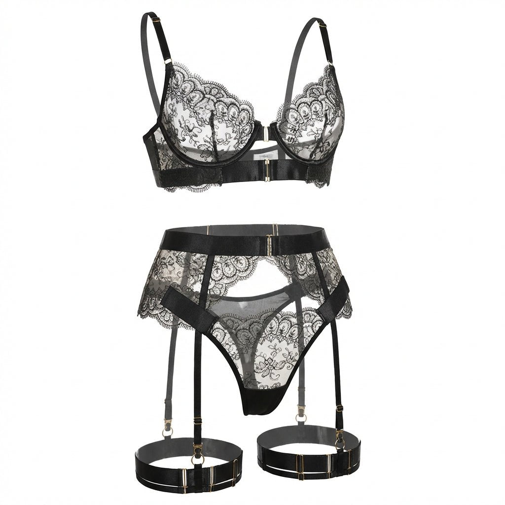 Lace Underwire Bra And Brief Set With Garter Accessories