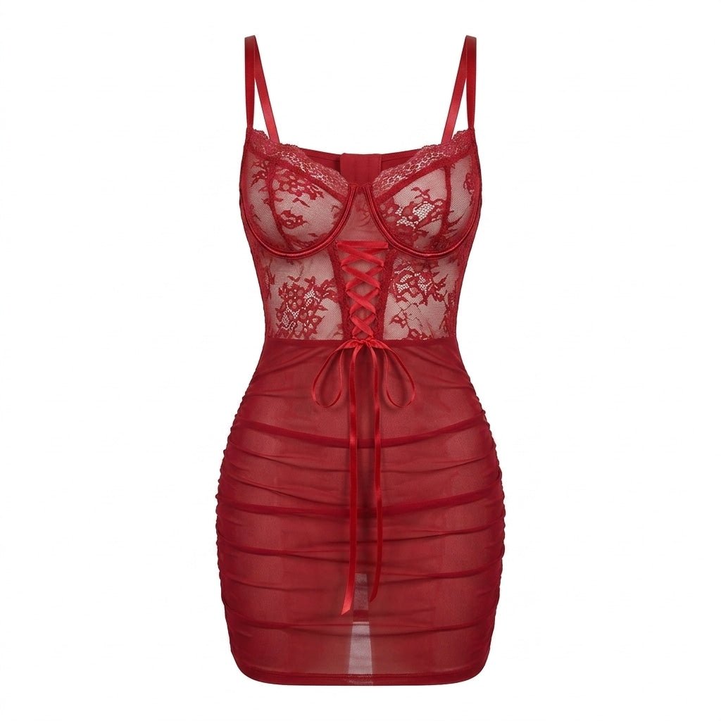 Lace Underwired Ruched Mesh Mini Chemise