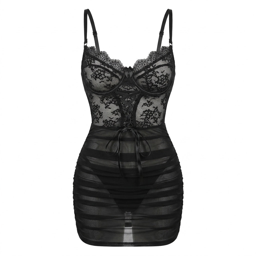 Lace Underwired Ruched Mesh Mini Chemise