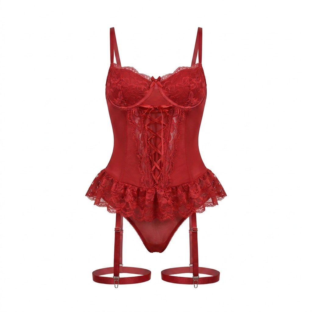 Mesh Lace Corset Three Piece Bridal Lingerie Set