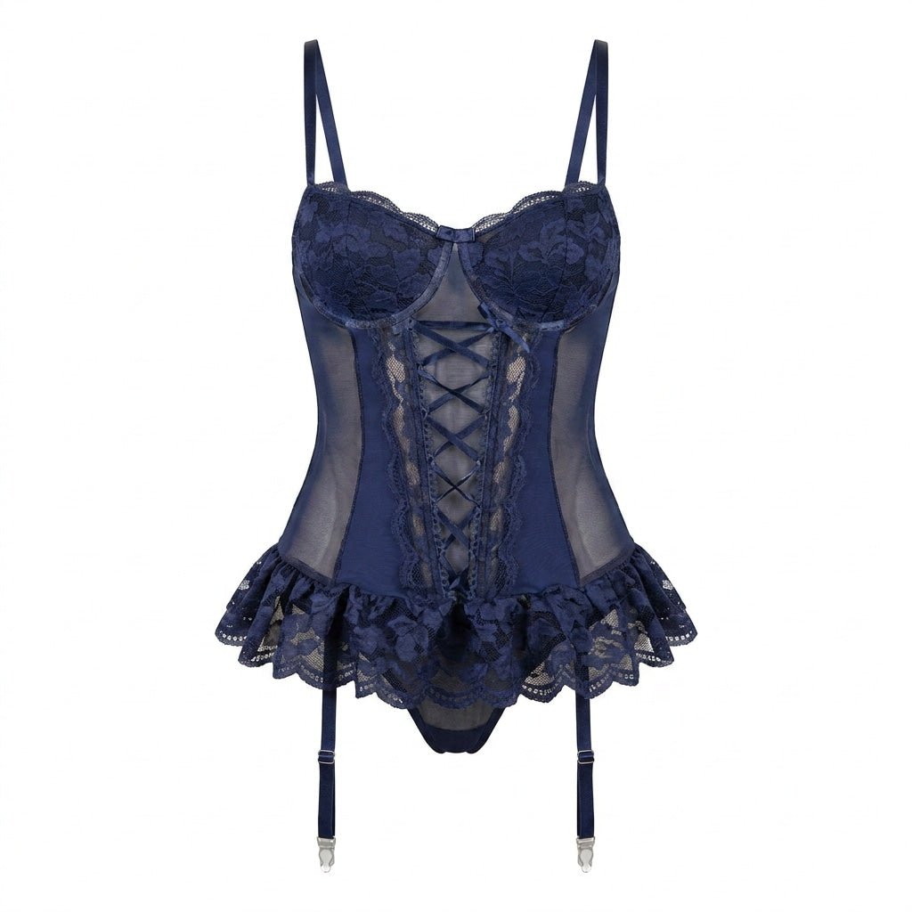 Mesh Lace Corset Three Piece Bridal Lingerie Set
