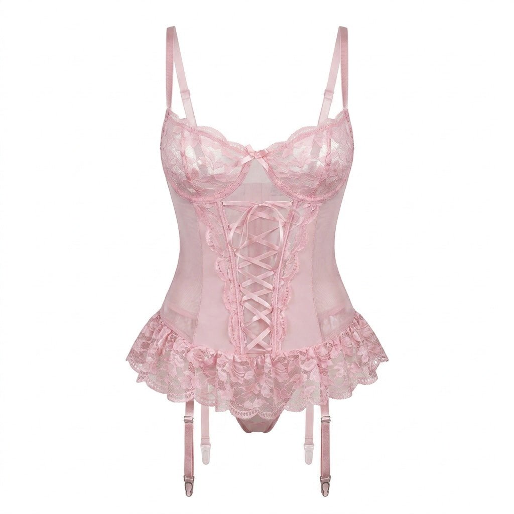 Mesh Lace Corset Three Piece Bridal Lingerie Set