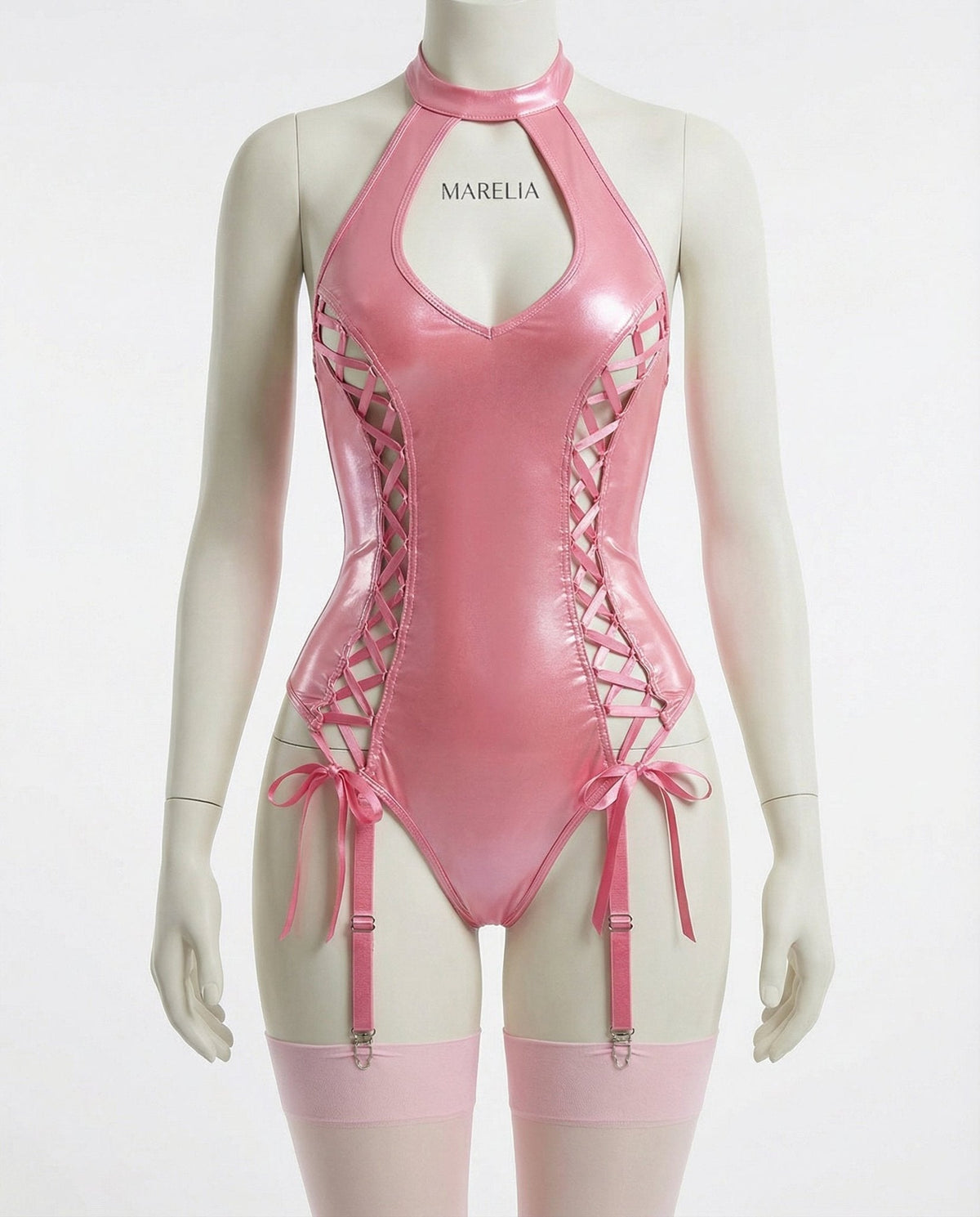 Metallic Halter Bodysuit With Lace-Up Sides