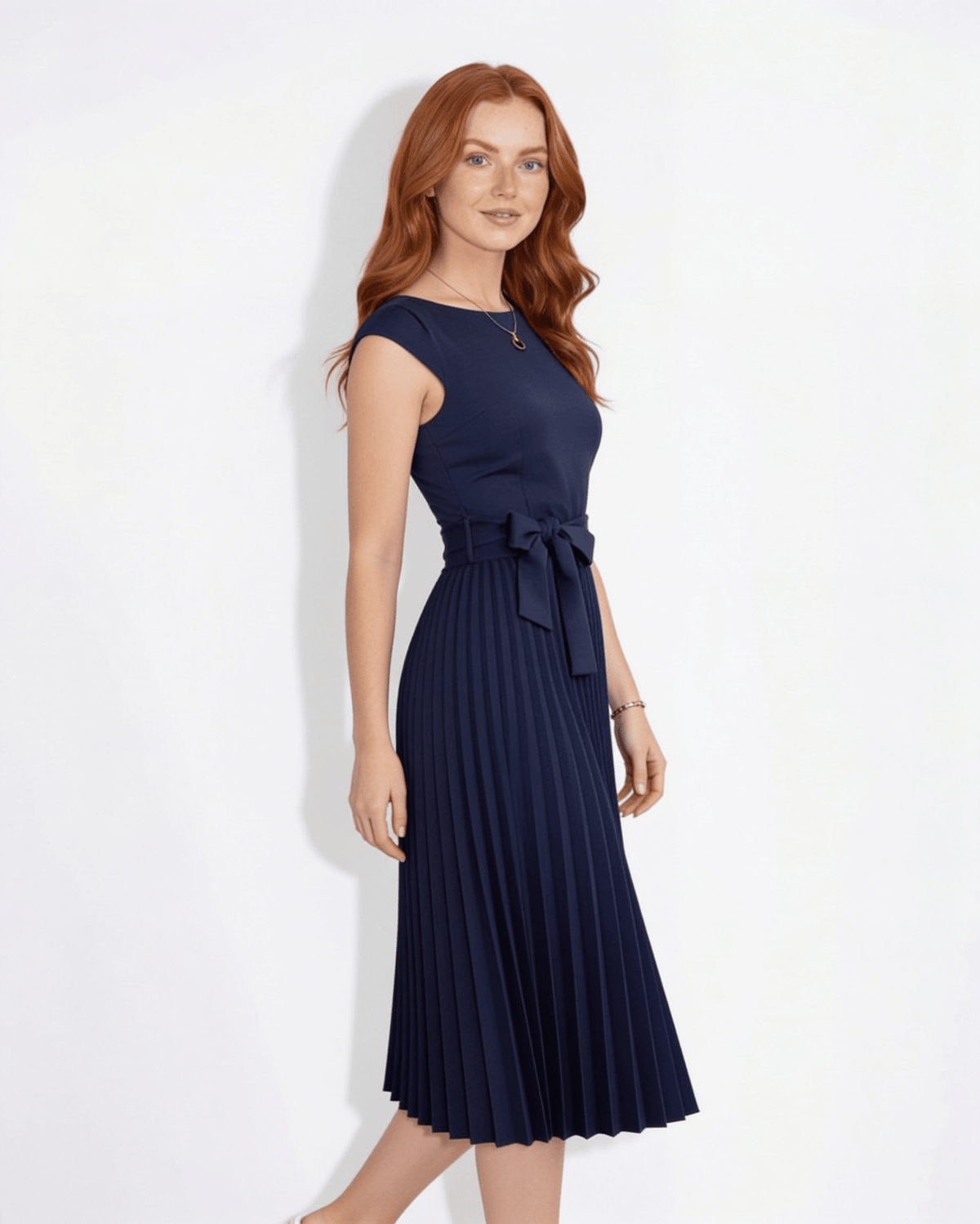 Pleated Bow-Waist Midi Dress