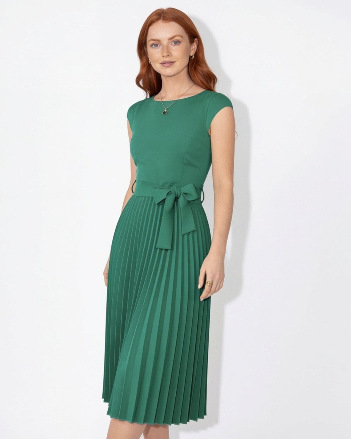 Pleated Bow-Waist Midi Dress