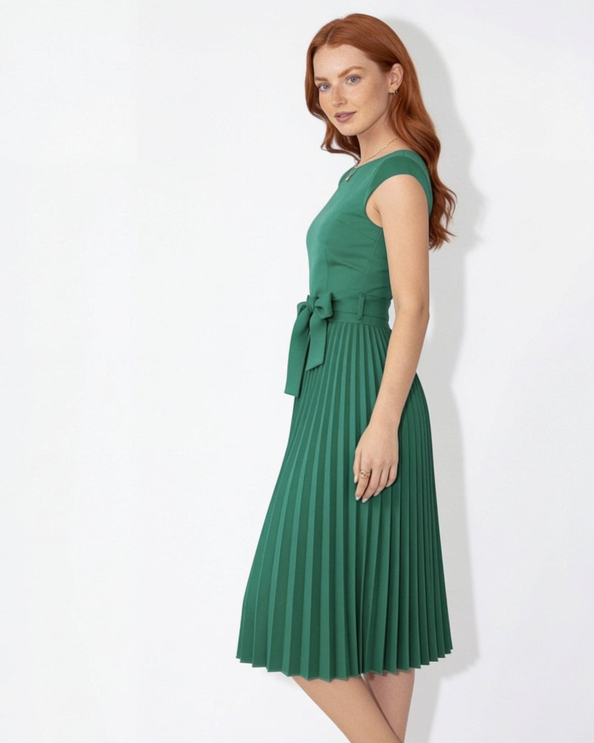 Pleated Bow-Waist Midi Dress
