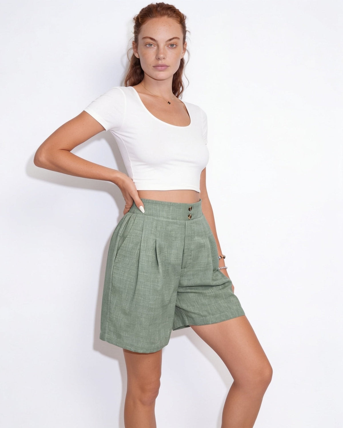 Pleated High-Waisted Linen Shorts