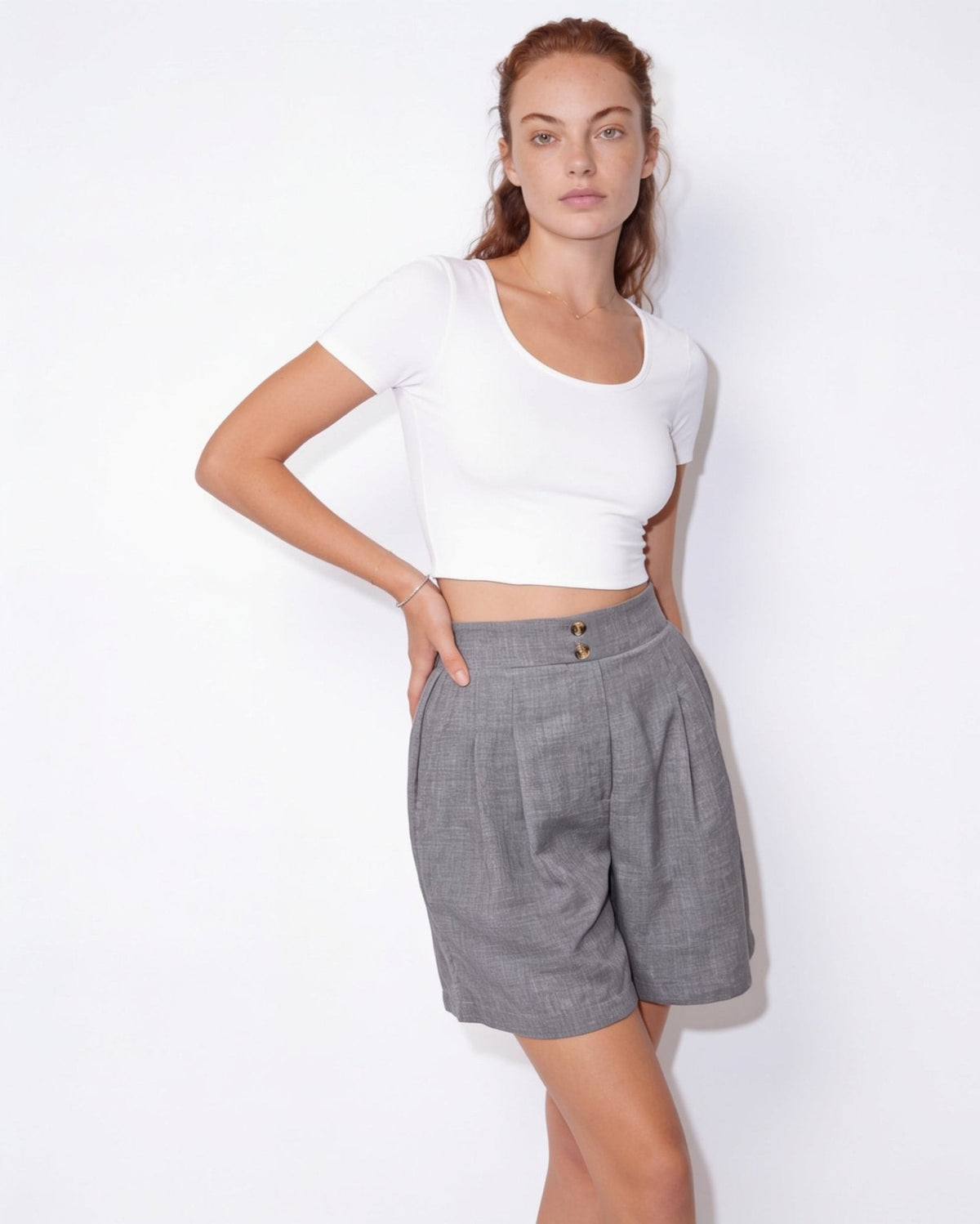 Pleated High-Waisted Linen Shorts
