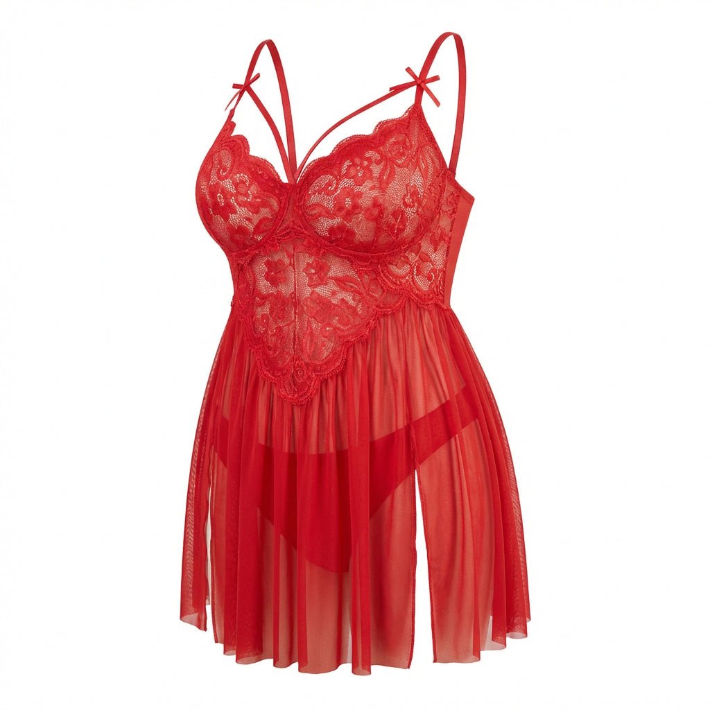 Plus Size Lace Babydoll With Pleated Mesh Skirt And Thong