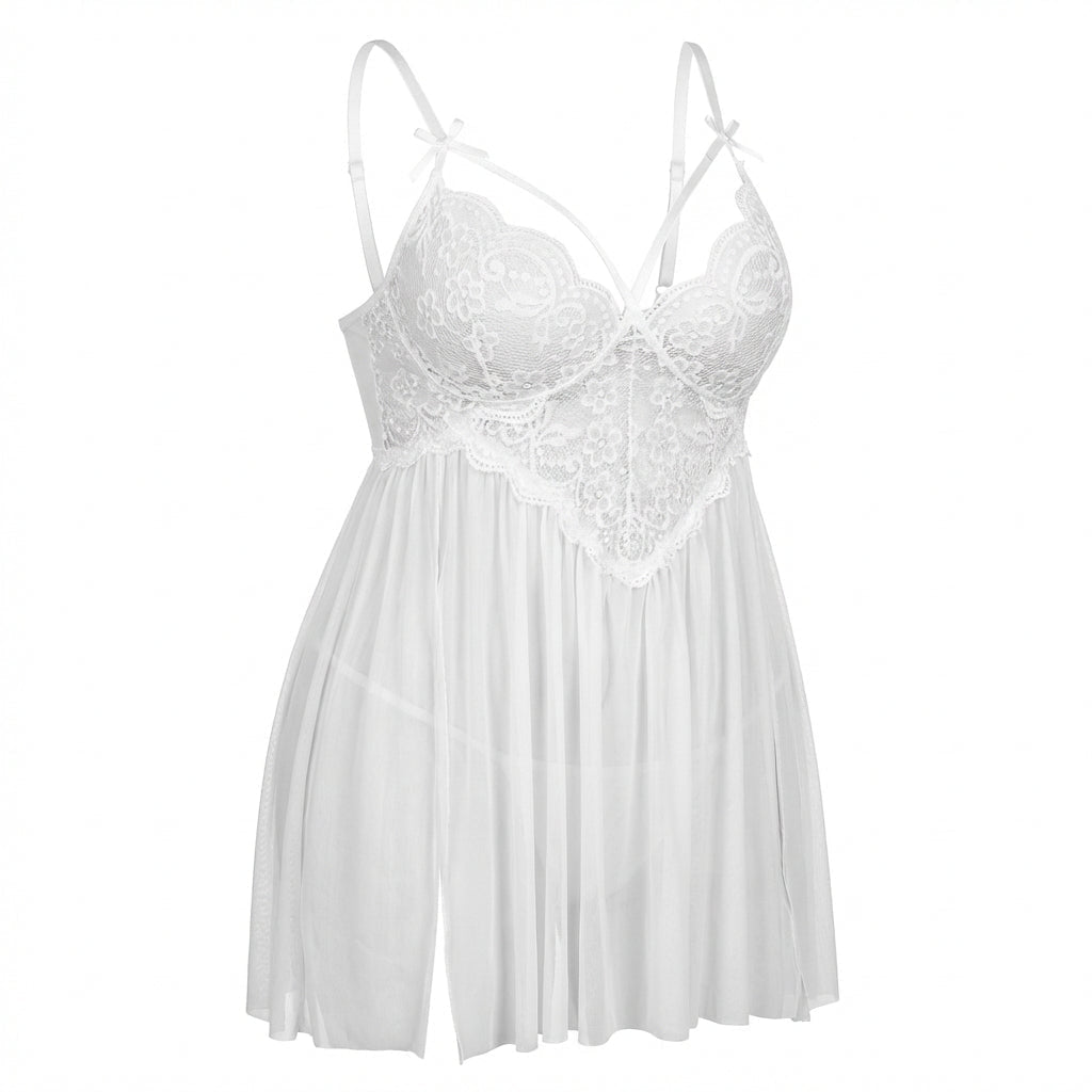 Plus Size Lace Babydoll With Pleated Mesh Skirt And Thong