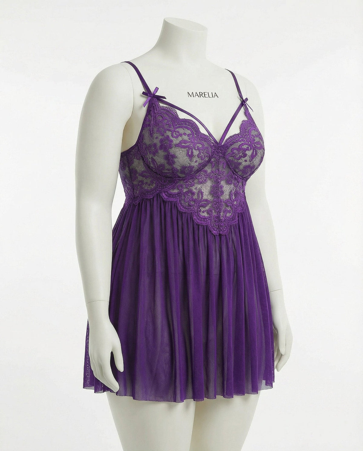 Plus Size Lace Babydoll With Pleated Mesh Skirt And Thong