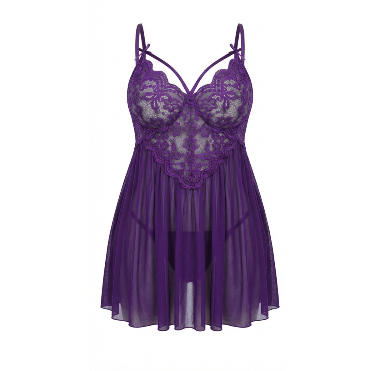 Plus Size Lace Babydoll With Pleated Mesh Skirt And Thong