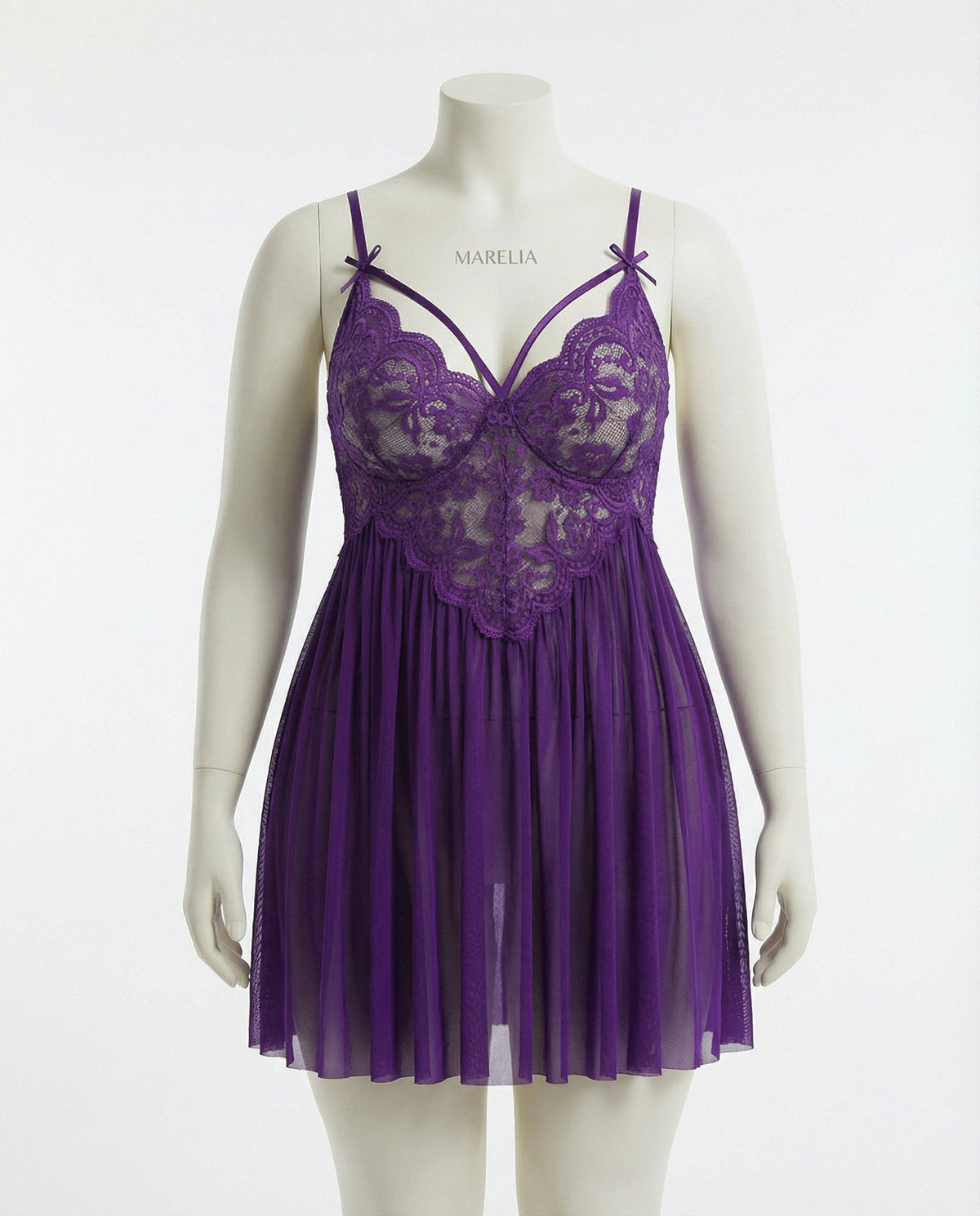 Plus Size Lace Babydoll With Pleated Mesh Skirt And Thong
