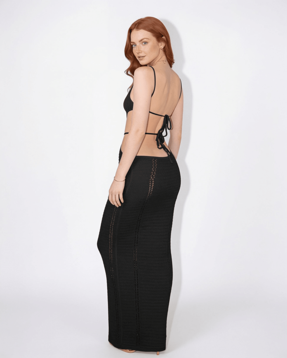 Pointelle Cut-Out Fishtail Maxi Dress
