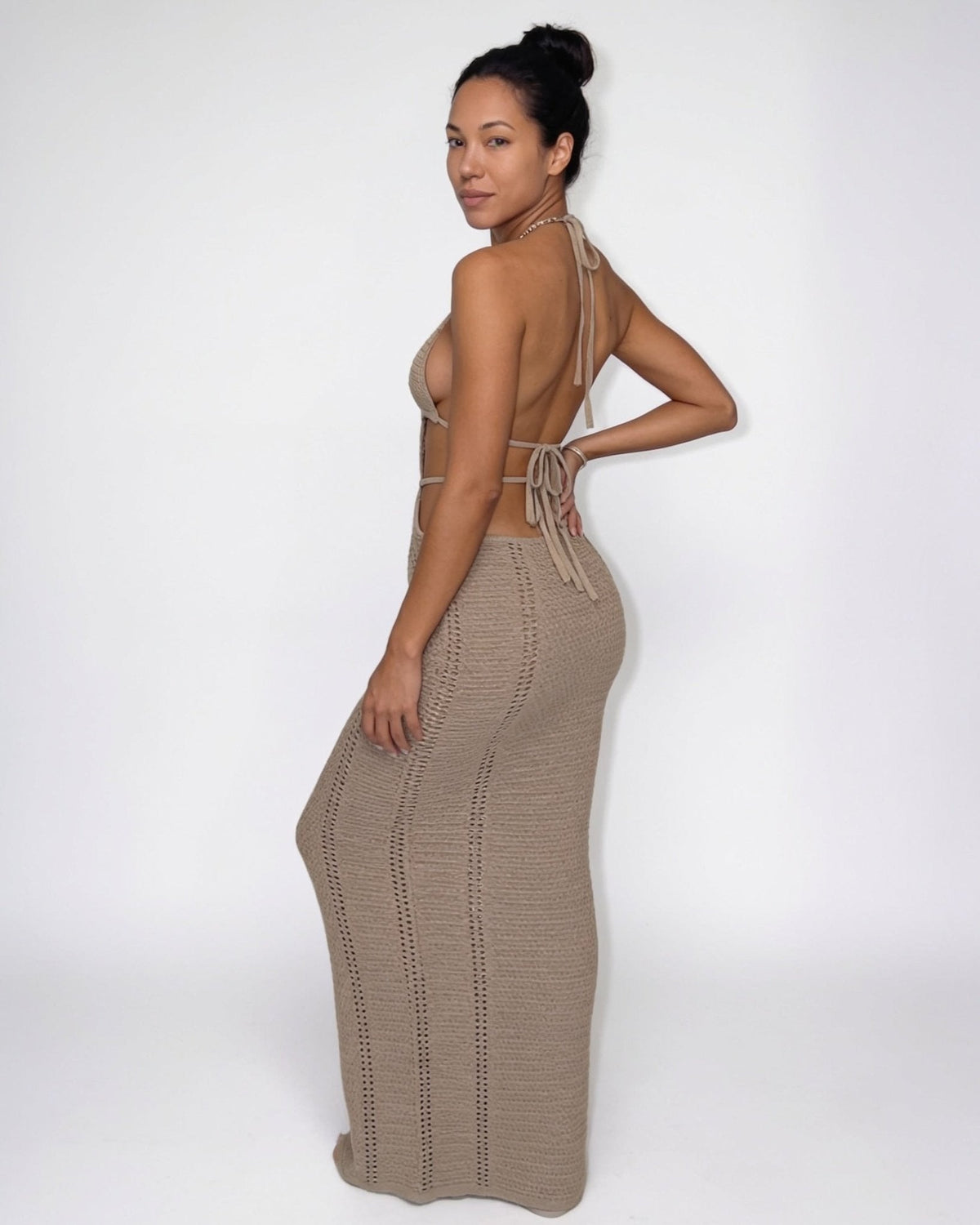 Pointelle Cut-Out Fishtail Maxi Dress