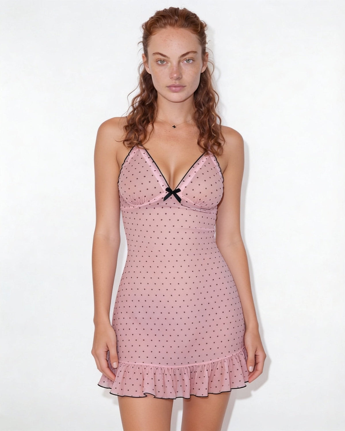 Polka Dot Babydoll Chemise With Ruffle Trim And Brief Set