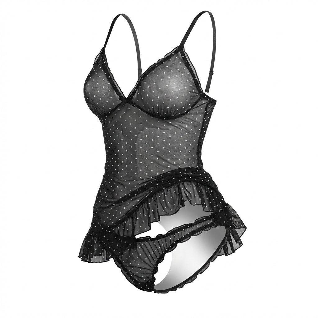 Polka Dot Babydoll Chemise With Ruffle Trim And Brief Set