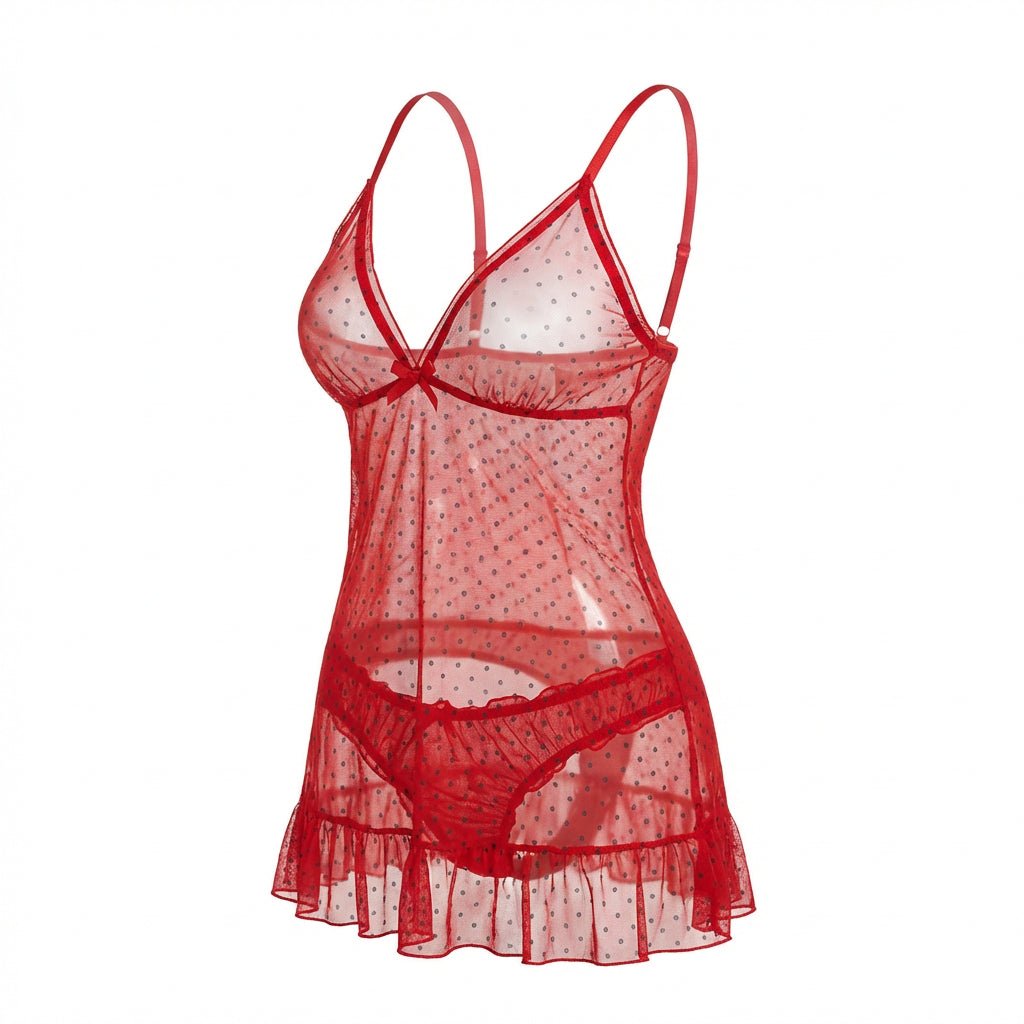 Polka Dot Babydoll Chemise With Ruffle Trim And Brief Set
