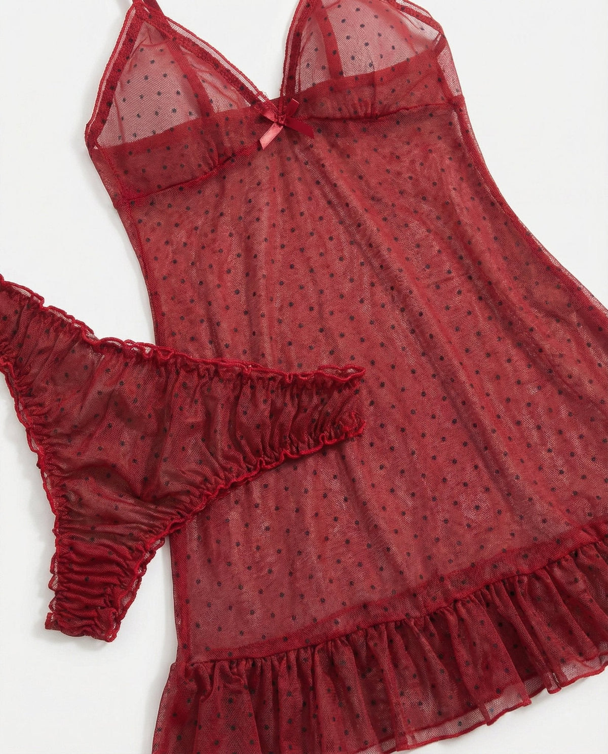 Polka Dot Babydoll Chemise With Ruffle Trim And Brief Set