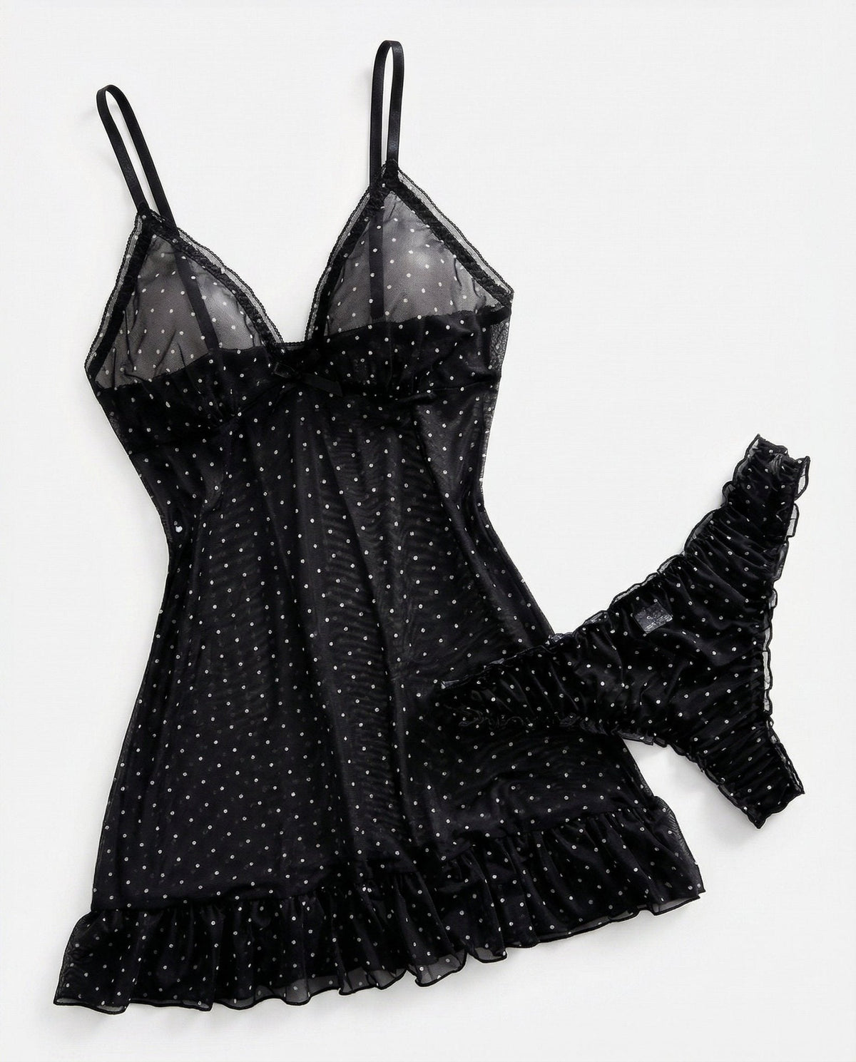 Polka Dot Babydoll Chemise With Ruffle Trim And Brief Set
