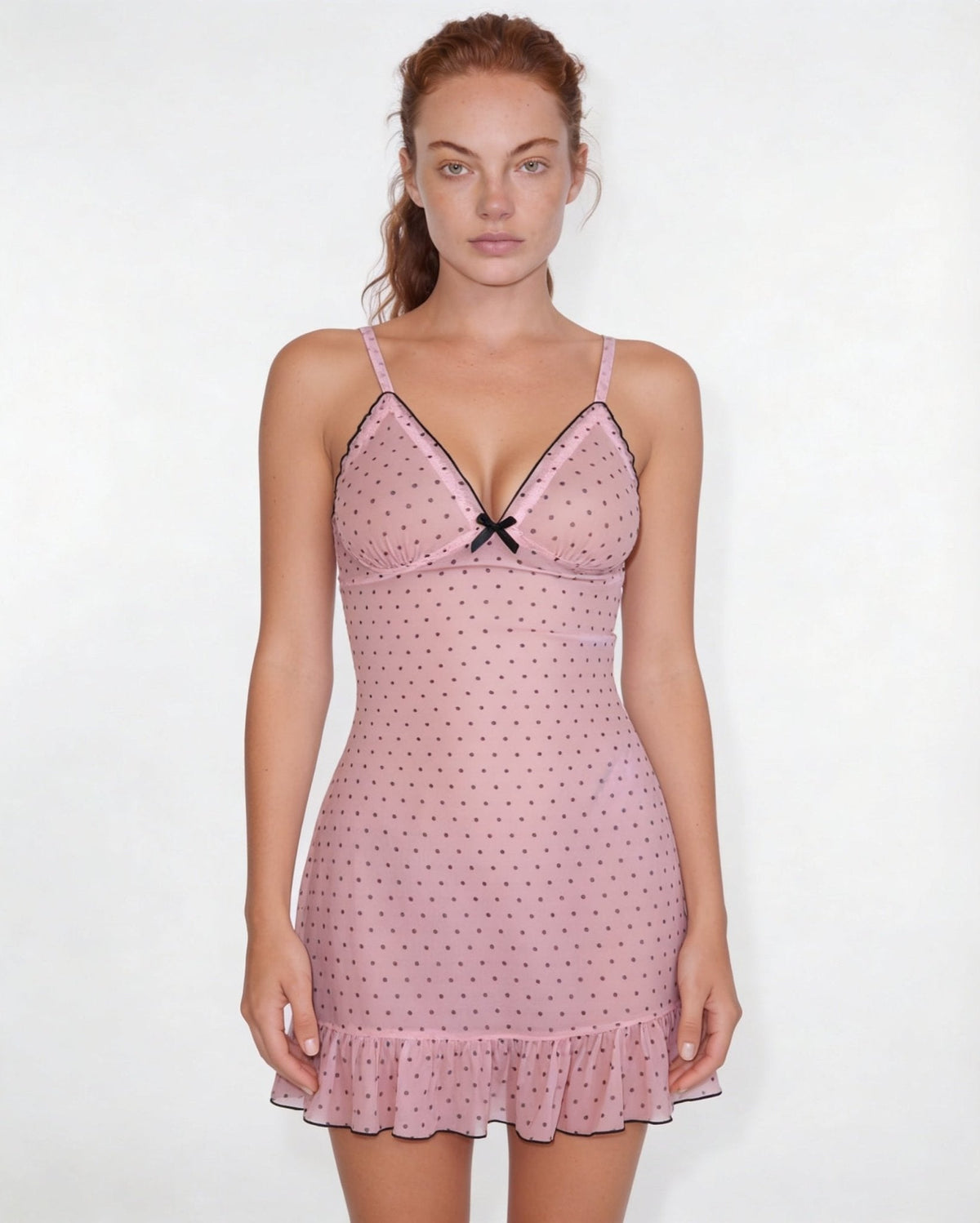 Polka Dot Babydoll Chemise With Ruffle Trim And Brief Set