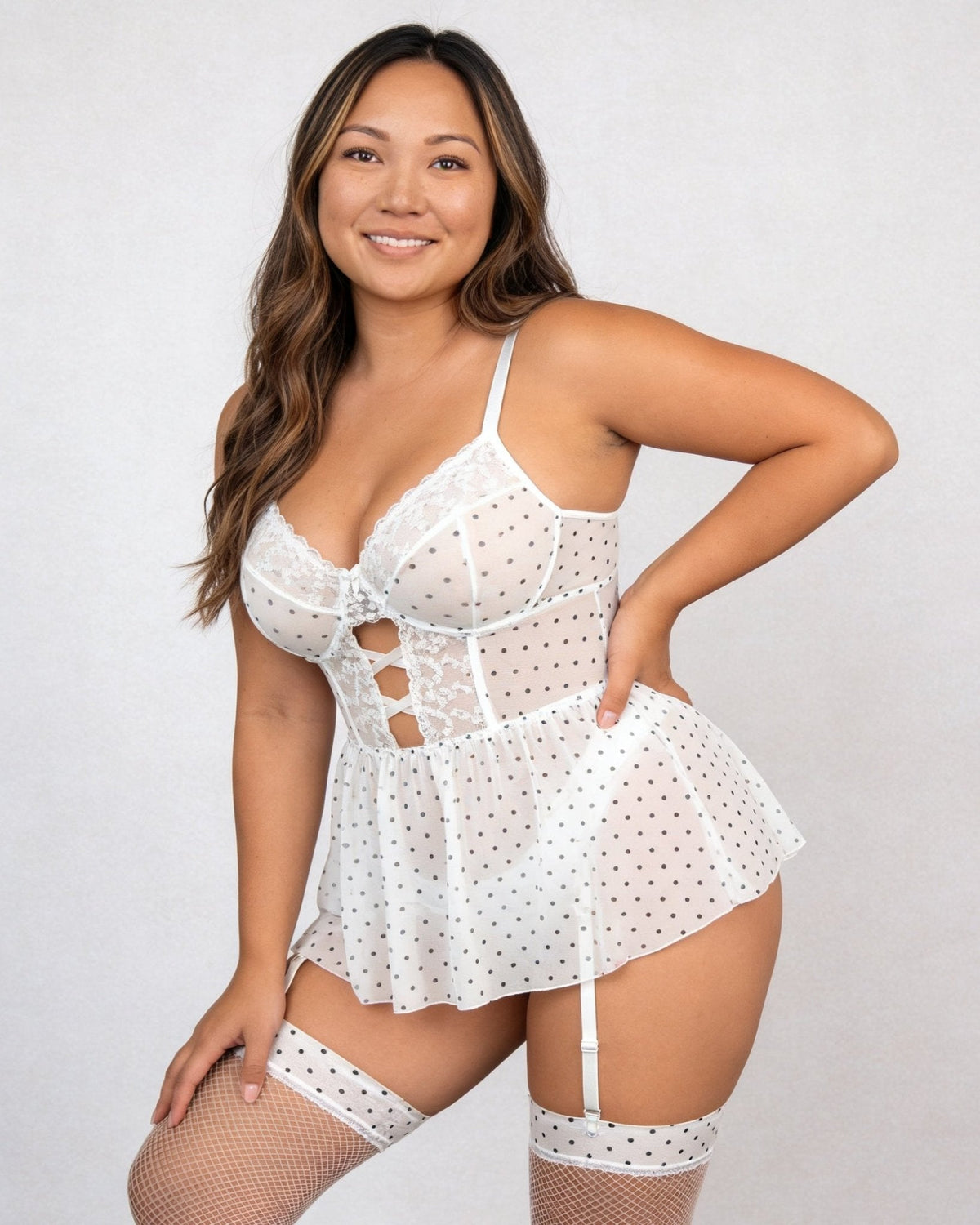 Polka Dot Lace-Up Plus Size Babydoll