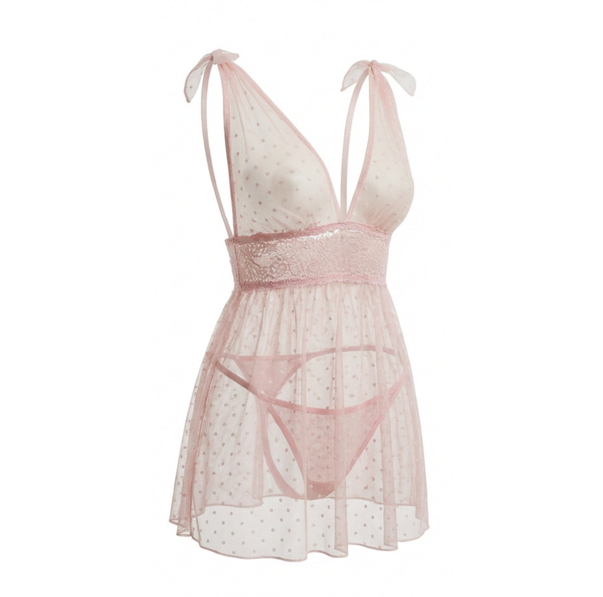 Polka Dot Mesh Babydoll With Lace Waistband And Brief Set