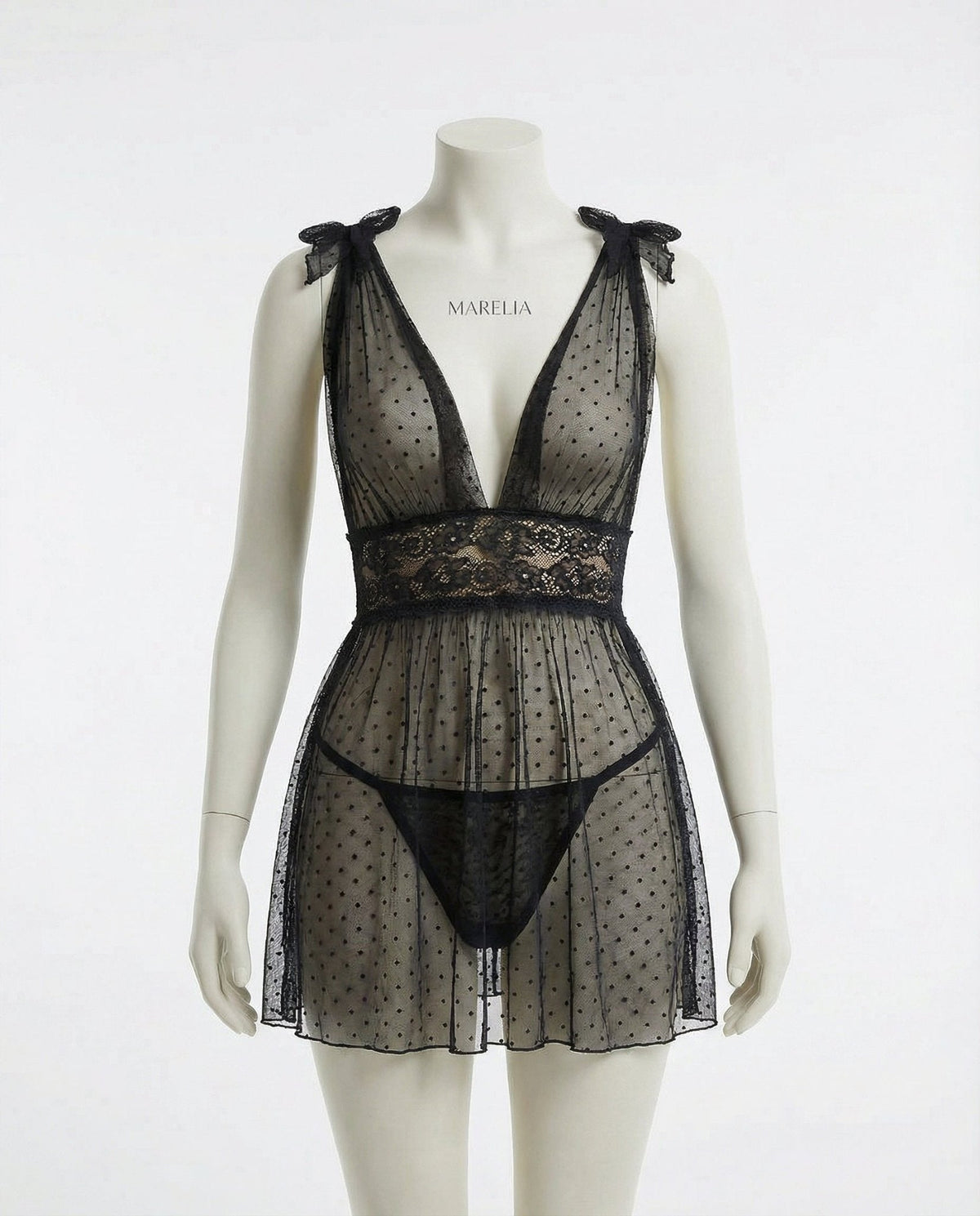Polka Dot Mesh Babydoll With Lace Waistband And Brief Set