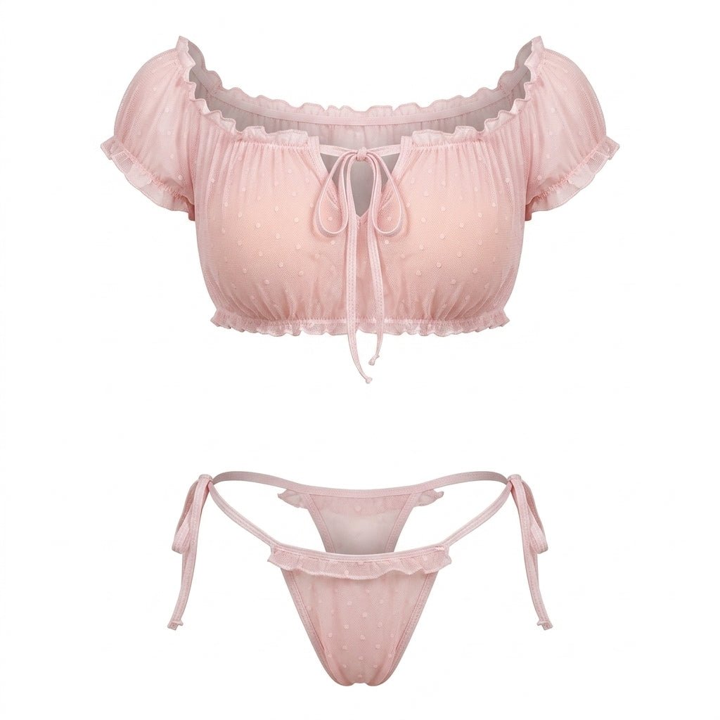 Polka Dot Mesh Off Shoulder Lingerie Set