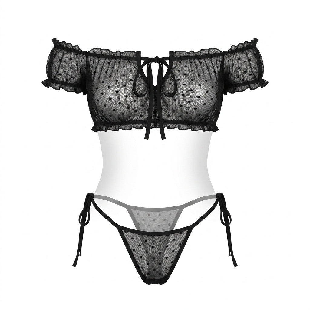 Polka Dot Mesh Off Shoulder Lingerie Set