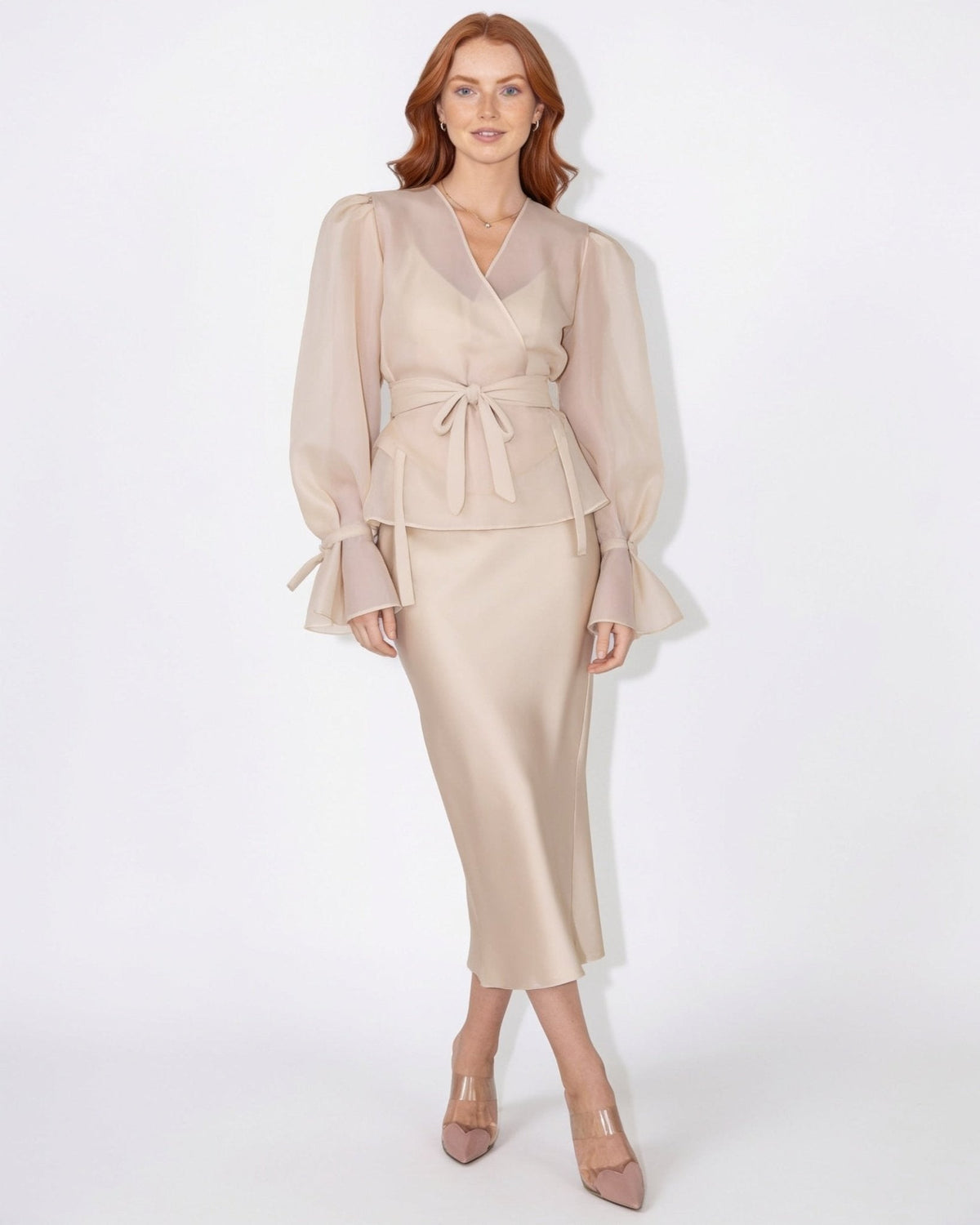 Puff Sleeve Wrap Top And Slip Midi Dress
