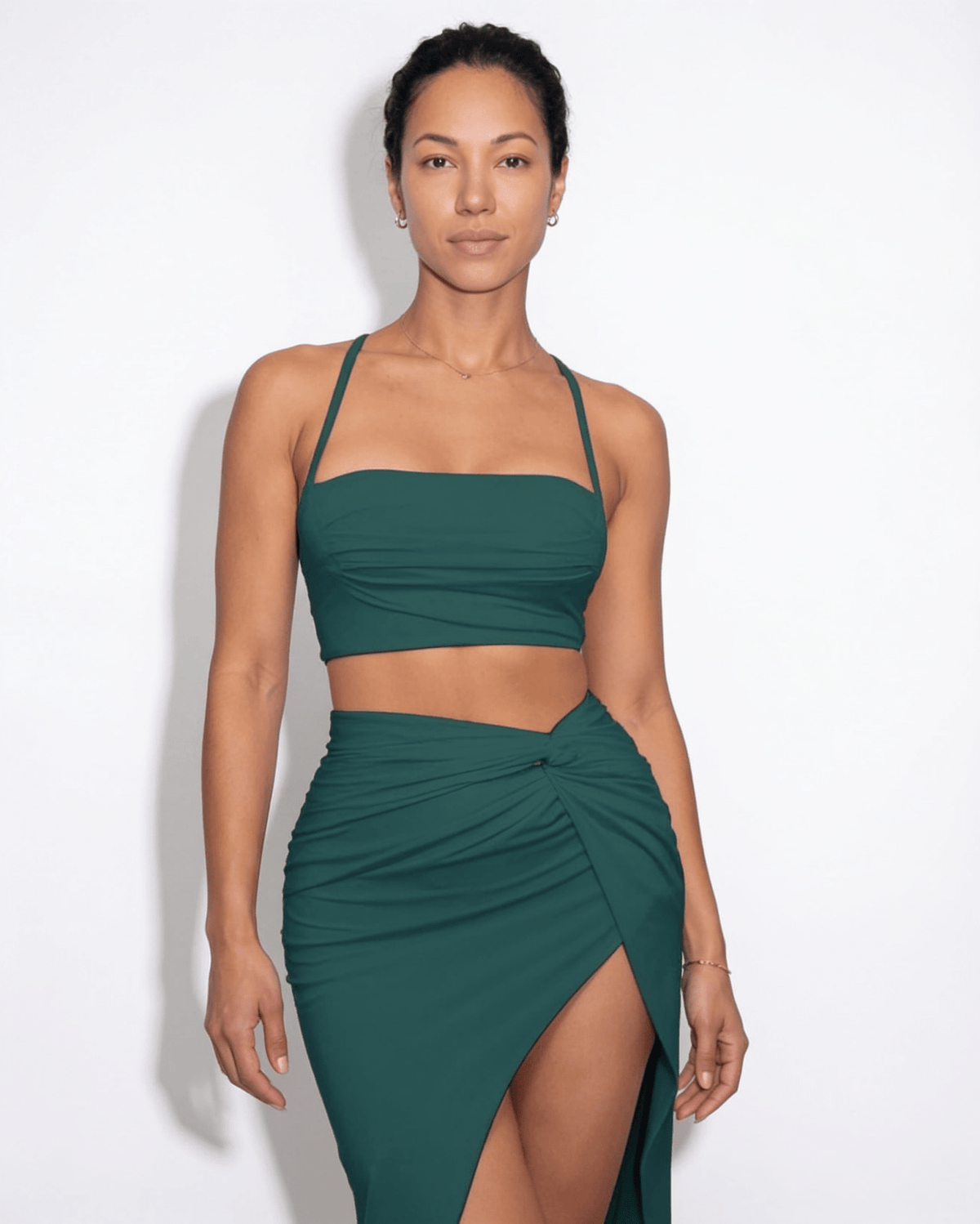 Ruched Crop Top Midi Skirt Set