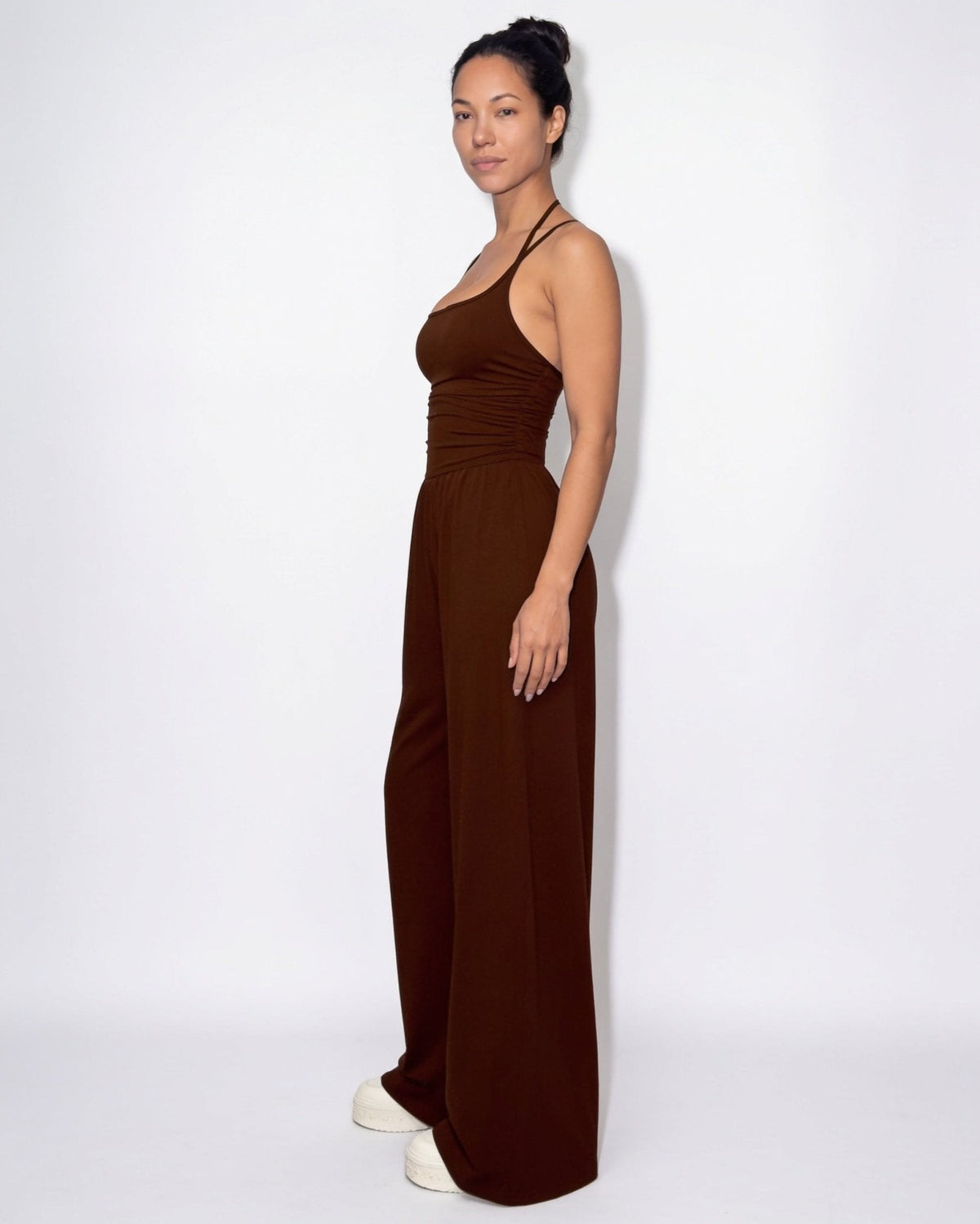 Ruched Strappy Wide-Leg Jumpsuit