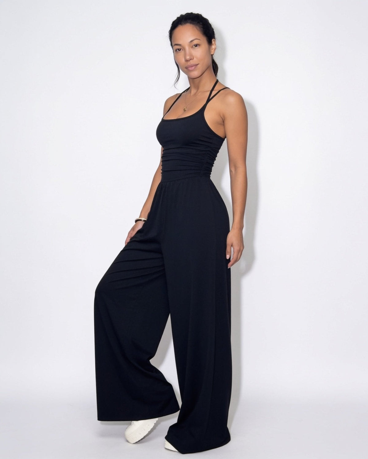 Ruched Strappy Wide-Leg Jumpsuit