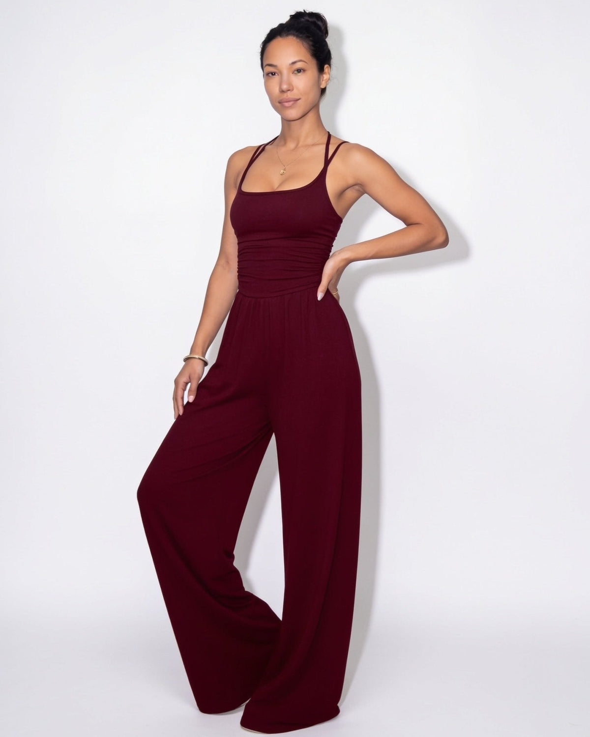 Ruched Strappy Wide-Leg Jumpsuit