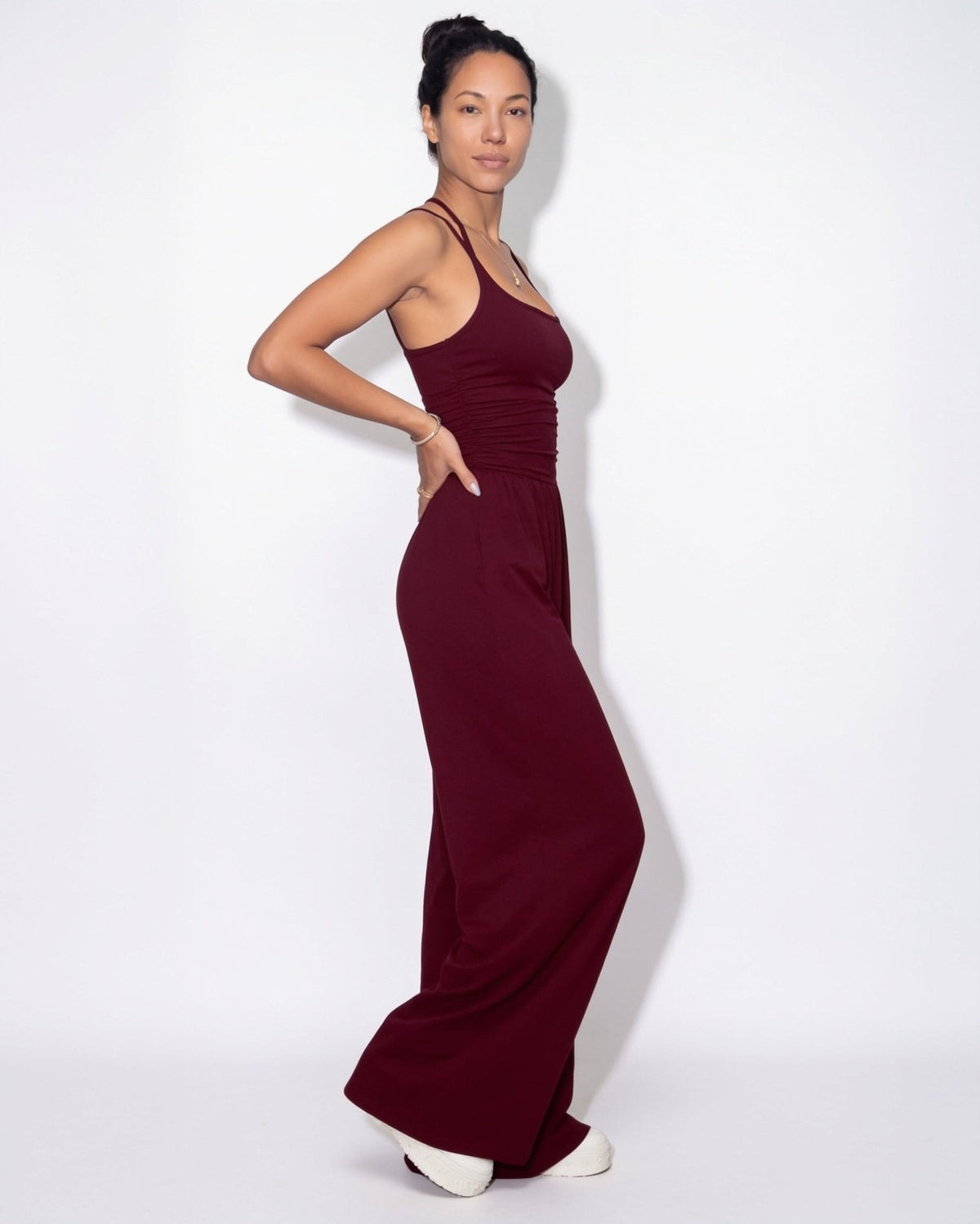 Ruched Strappy Wide-Leg Jumpsuit