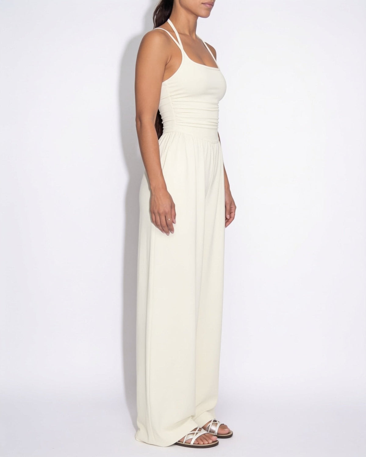 Ruched Strappy Wide-Leg Jumpsuit